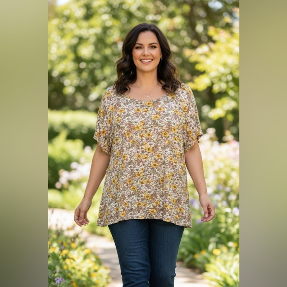 AUW women’s plus size yellow floral short sleeve top size 3X